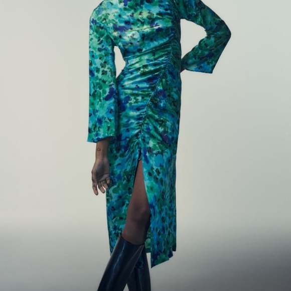 Zara Blue & Green Floral Long Sleeve Ruched Midi Dress - Picture 3 of 9